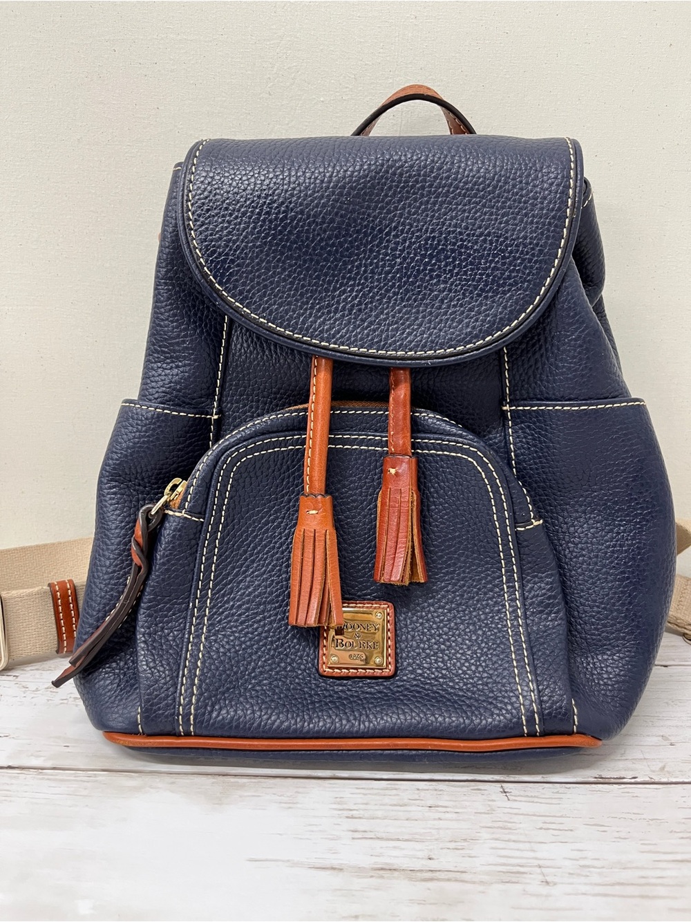 Dooney & Bourke Navy Pebble Grain Leather Backpack Bag with Brown Trim